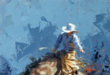 Jim Connelly Fired Up bucking horse cowboy action western landscape oil painting