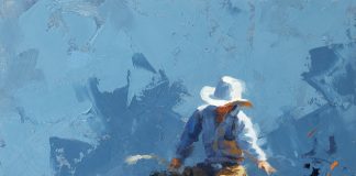 Jim Connelly Fired Up bucking horse cowboy action western landscape oil painting