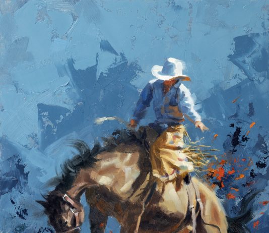 Jim Connelly Fired Up bucking horse cowboy action western landscape oil painting