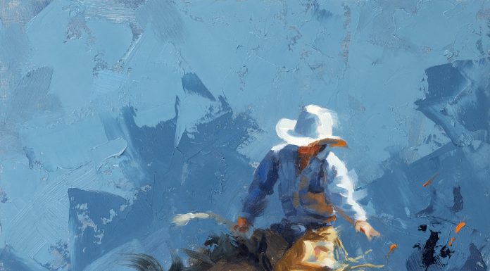 Jim Connelly Fired Up bucking horse cowboy action western landscape oil painting