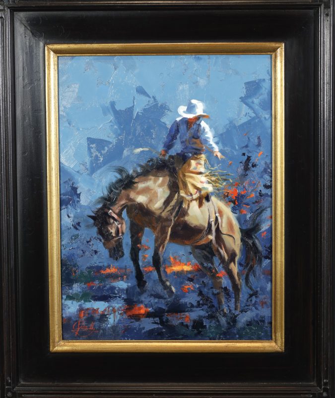 Jim Connelly Fired Up bucking horse cowboy action western landscape oil painting framed
