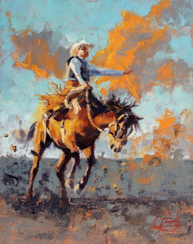 Jim Connelly Fulmination bucking horse cowboy action western landscape oil painting