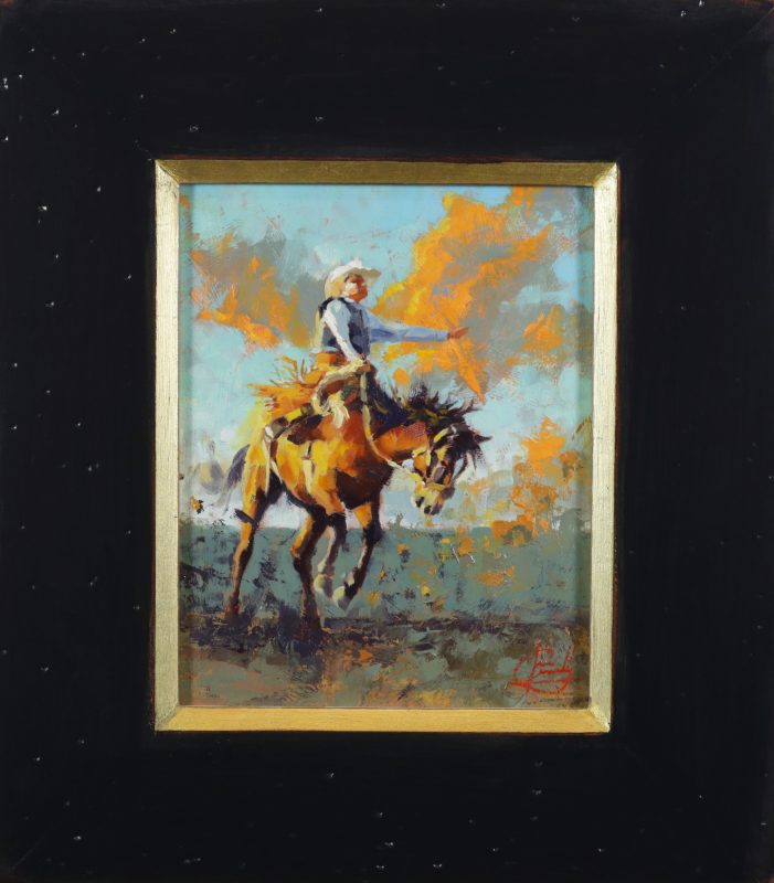 Jim Connelly Fulmination bucking horse cowboy action western landscape oil painting framed