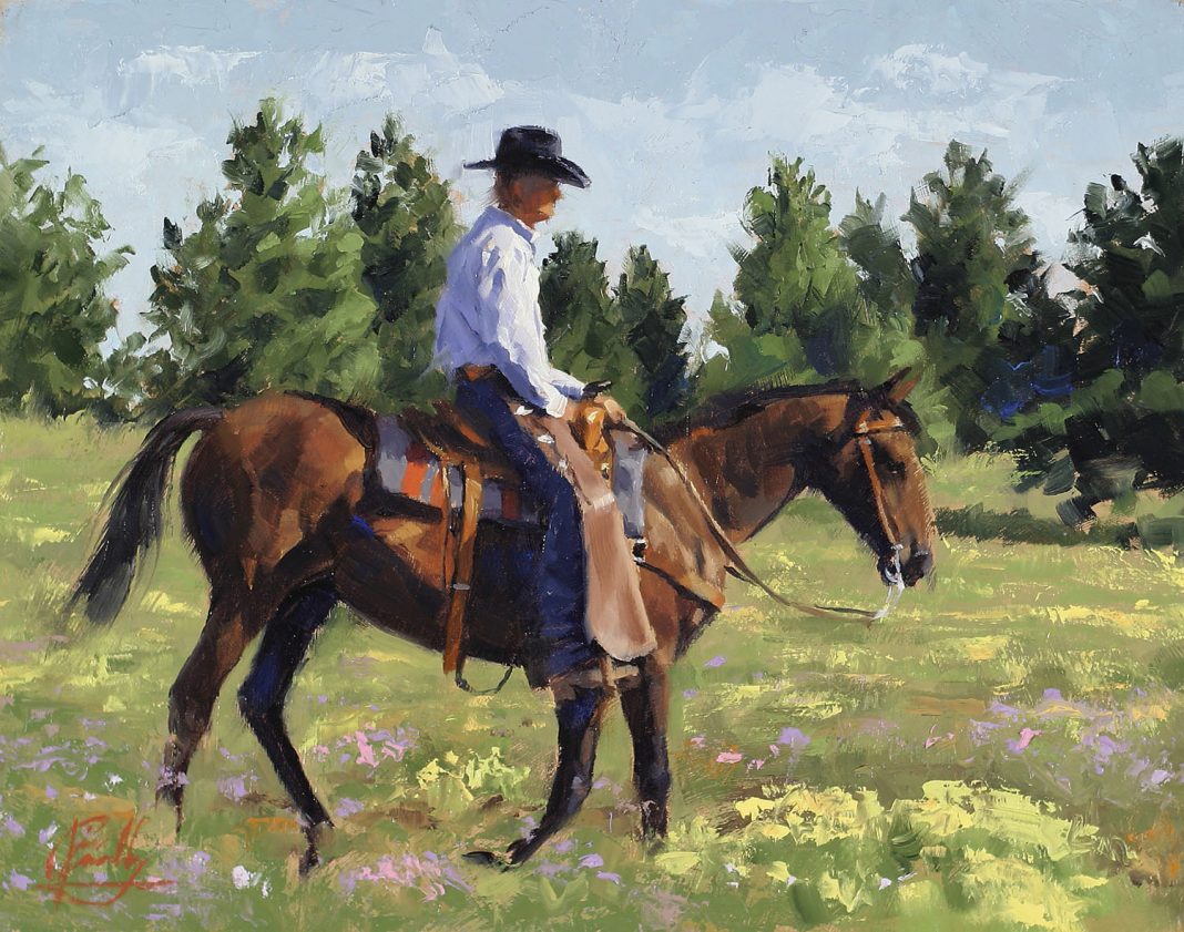 Jim Connelly Ken cowboy horse saddle western landscape oil painting