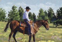 Jim Connelly Ken cowboy horse saddle western landscape oil painting