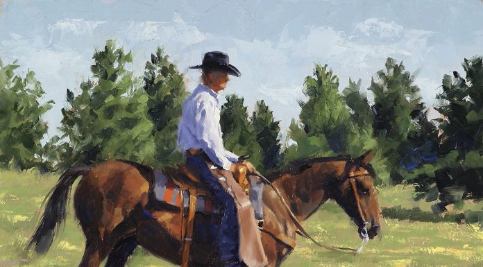 Jim Connelly Ken cowboy horse saddle western landscape oil painting