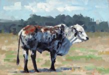 Jim Connelly Old George bull cow ranch farm western landscape oil painting