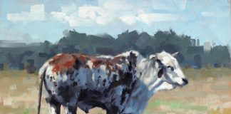 Jim Connelly Old George bull cow ranch farm western landscape oil painting