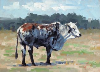 Jim Connelly Old George bull cow ranch farm western landscape oil painting