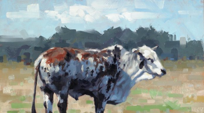 Jim Connelly Old George bull cow ranch farm western landscape oil painting