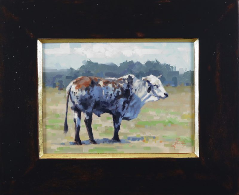 Jim Connelly Old George bull cow ranch farm western landscape oil painting framed