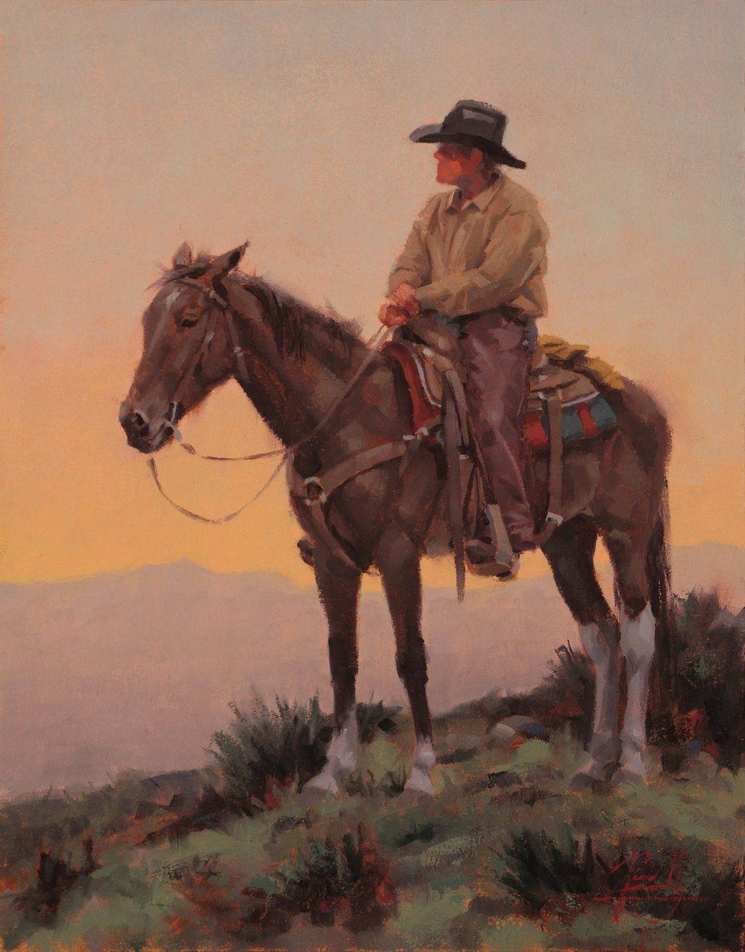 Jim Connelly Room With A View cowboy horse saddle horizon western landscape oil painting