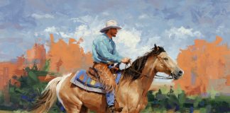 Jim Connelly Shakin' Dust cowboy running galloping horse western landscape oil painting