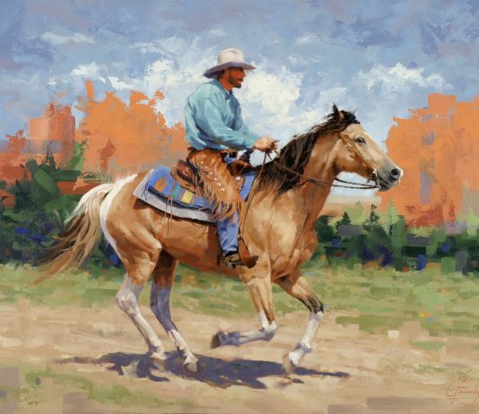 Jim Connelly Shakin' Dust cowboy running galloping horse western landscape oil painting