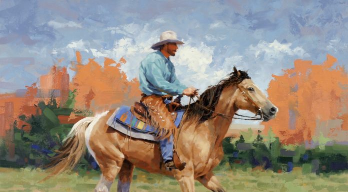 Jim Connelly Shakin' Dust cowboy running galloping horse western landscape oil painting