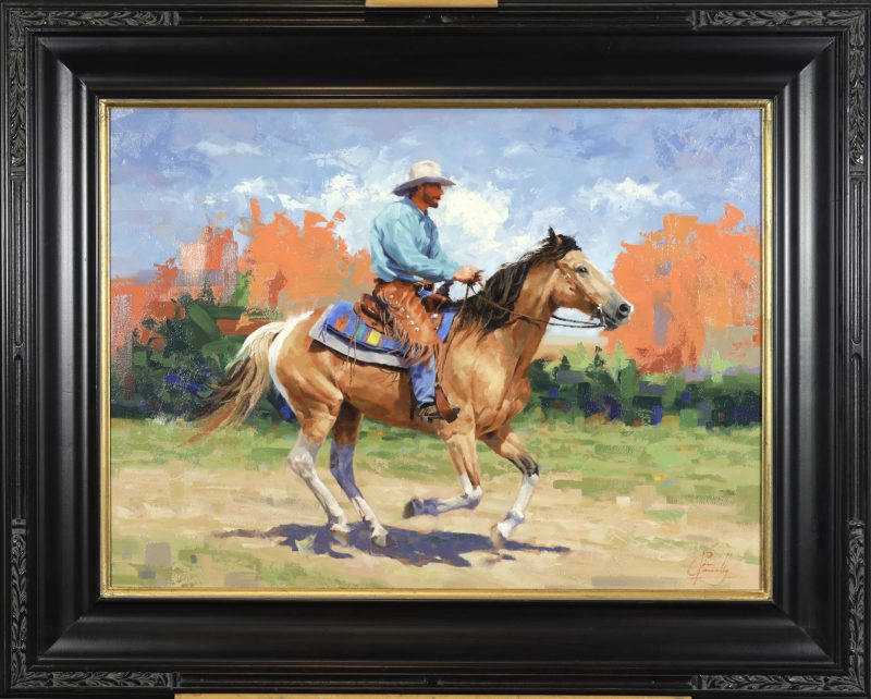 Jim Connelly Shakin' Dust cowboy running galloping horse western landscape oil painting framed