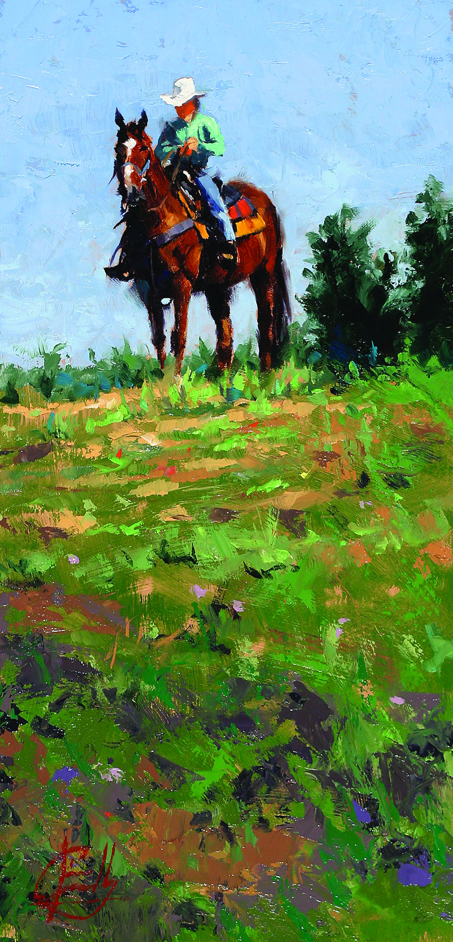 Jim Connelly Sister cowgirl horse landscape western oil painting