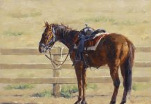 Jim Connelly Waiting For Shorty horse saddle corral tied up western oil painting
