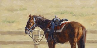 Jim Connelly Waiting For Shorty horse saddle corral tied up western oil painting