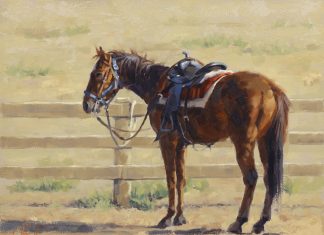 Jim Connelly Waiting For Shorty horse saddle corral tied up western oil painting