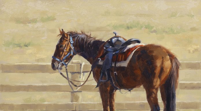 Jim Connelly Waiting For Shorty horse saddle corral tied up western oil painting