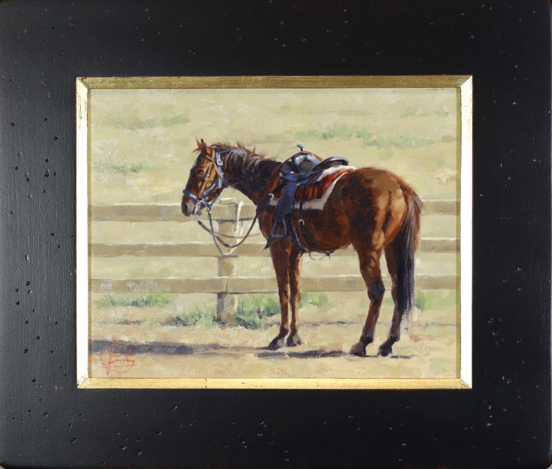 Jim Connelly Waiting For Shorty horse saddle corral tied up western oil painting framed