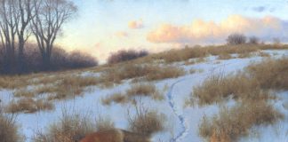 Claudio D'Angelo The Evening Rounds red fox wildlife oil painting snow sunset