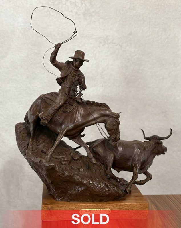 Mehl Lawson Jumping A Wild One cowboy steer longhorn cattle cow rope ranch farm roping action western bronze sculpture sold