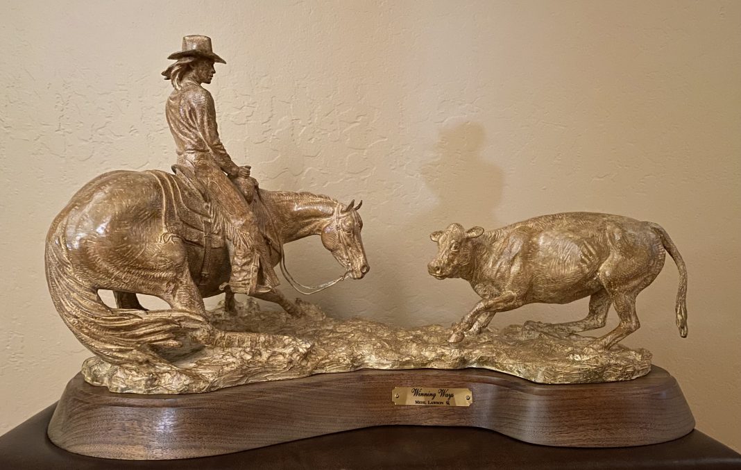 Mehl Lawson Winning Ways cutting horse cowgirl female woman girl horse equine action western bronze sculpture Cowboy Artists of America