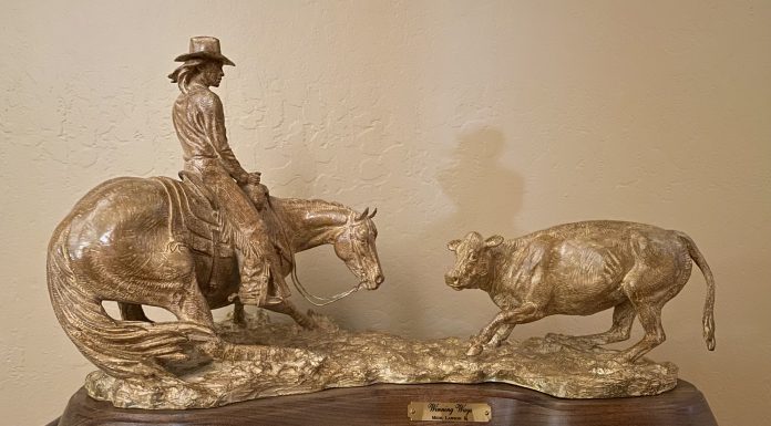 Mehl Lawson Winning Ways cutting horse cowgirl female woman girl horse equine action western bronze sculpture Cowboy Artists of America