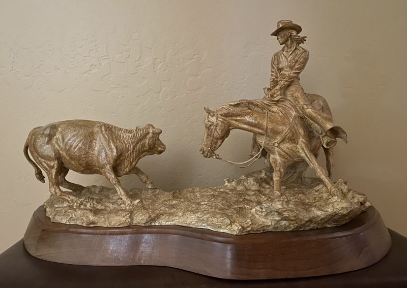 Mehl Lawson Winning Ways cutting horse cowgirl female woman girl horse equine action western bronze sculpture Cowboy Artists of America back