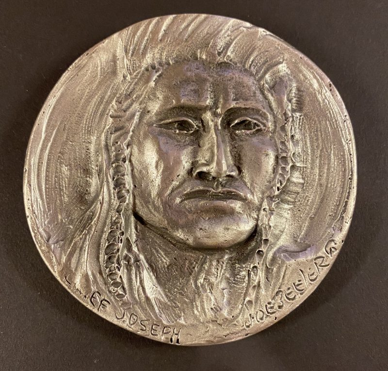Joe Beeler Chief Joseph medallion medal paper weight coin coinage pewter sculpture western Native American Indian