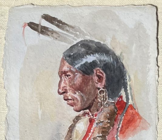 Joe Beeler Walking Horse Kiowa Native American Indian watercolor portrait eagle feathers western painting
