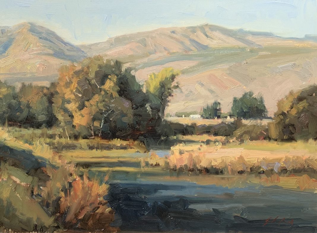 John Poon High Mountain Air landscape river stream mountains trees landscape oil painting