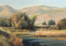 John Poon High Mountain Air landscape river stream mountains trees landscape oil painting