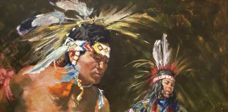 Leslie DeMille Ceremonial Dance Native American Indian dancers western oil painting