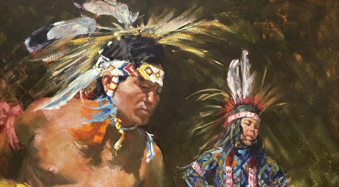 Leslie DeMille Ceremonial Dance Native American Indian dancers western oil painting