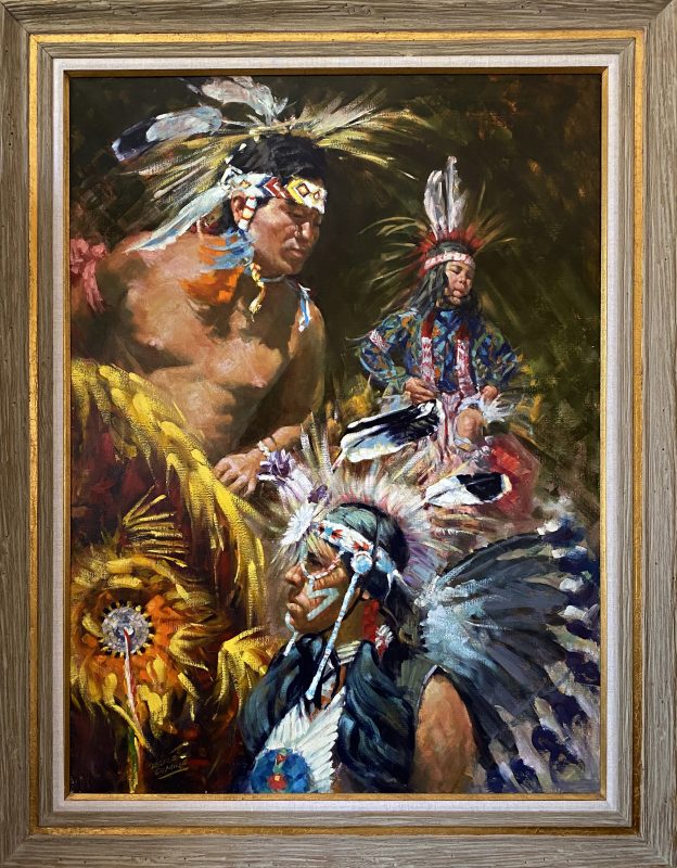 Leslie DeMille Ceremonial Dance Native American Indian dancers western oil painting framed