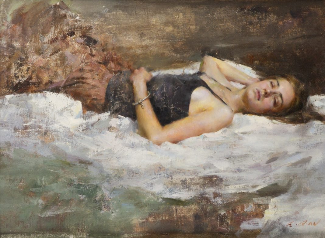 Mary-Qian Mary Qian figure figurative impressionistic oil painting on bed