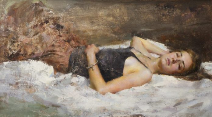 Mary Qian Mary Qian figure figurative impressionistic oil painting on bed