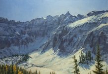Darcie Peet September Breeze September Sparkle Alta Lake Telluride Colorado snow covered mountains icy lake snow mountain trees western oil landscape painting