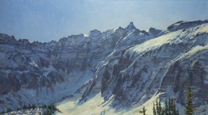 Darcie Peet September Breeze September Sparkle Alta Lake Telluride Colorado snow covered mountains icy lake snow mountain trees western oil landscape painting