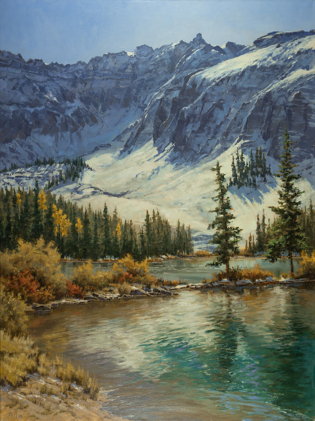 Darcie Peet September Breeze September Sparkle Alta Lake Telluride Colorado snow covered mountains icy lake snow mountain trees western oil landscape painting