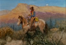 Howard Rogers A Desert Evening cacti saguaro cactus desert mountain cowboy horse Arizona western landscape oil painting