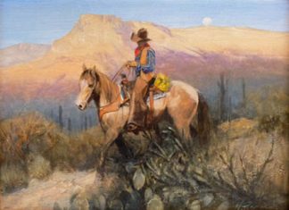 Howard Rogers A Desert Evening cacti saguaro cactus desert mountain Arizona landscape oil painting
