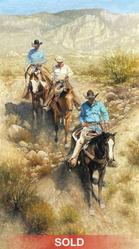 Howard Rogers Down From The Mountain horse horses cowboys mountain equine western oil painting sold