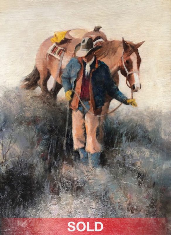 Howard Rogers Downhill Walk cowboy horse western oil painting sold