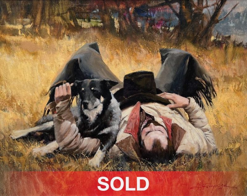 Howard Rogers End Of A Long Day cowboy dog man's best friend western oil painting sold