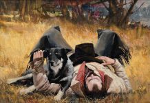 Howard Rogers End Of A Long Day cowboy dog man's best friend western oil painting