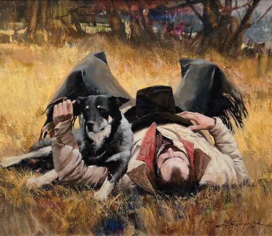 Howard Rogers End Of A Long Day cowboy dog man's best friend western oil painting